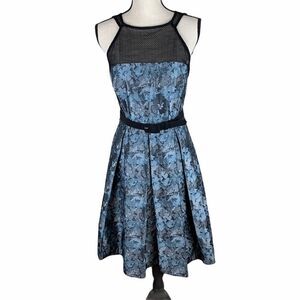Eva Franco Blue Jacquard Brocade Dress Sleeveless Illusion Top‎ Open Back Sz 6